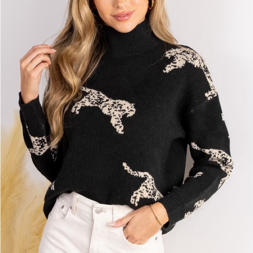 Black Tiger Print Mockneck Long Sleeve Sweater